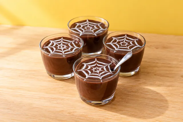 Vasitos de pudín de chocolate con una telaraña blanca de yogur arriba