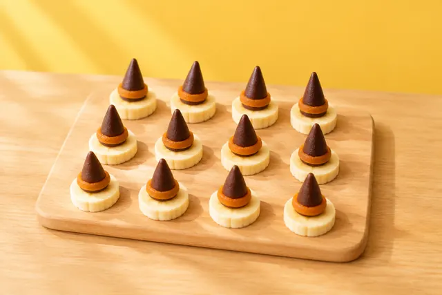 Rodajas de banana coronadas con sombreritos de bruja de cacao y dátil